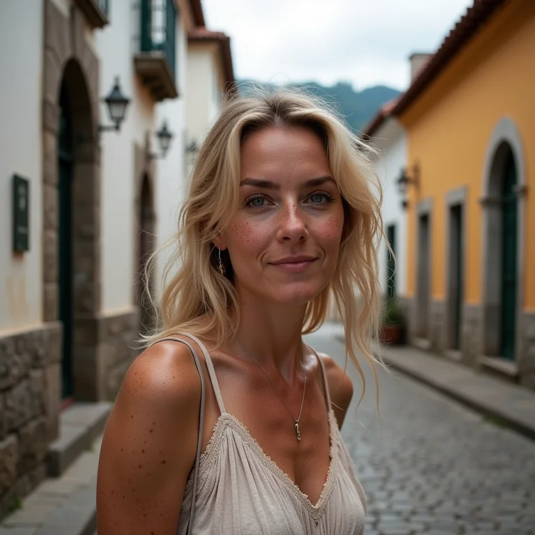 Mulher branca caminhando pelas ruas de Paraty