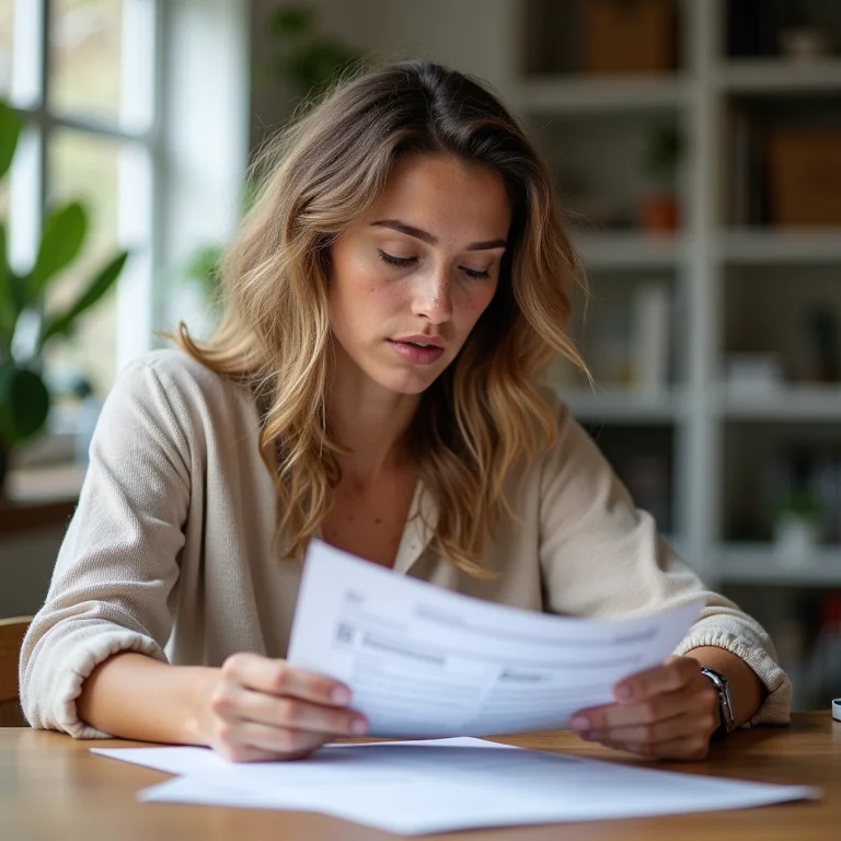 Mulher branca com sardas analisando documentos financeiros.