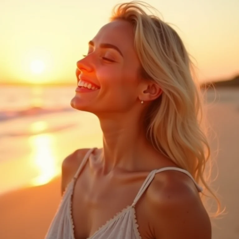 Mulher branca com sardas apreciando o pôr do sol na praia de Anchieta