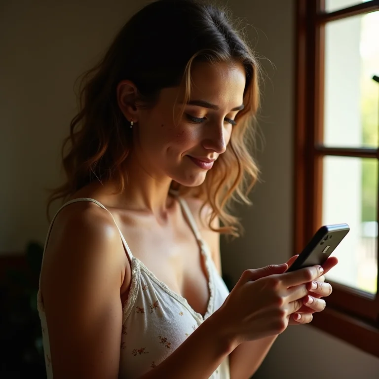 Mulher branca com sardas checando direções em pousada em Minas Gerais