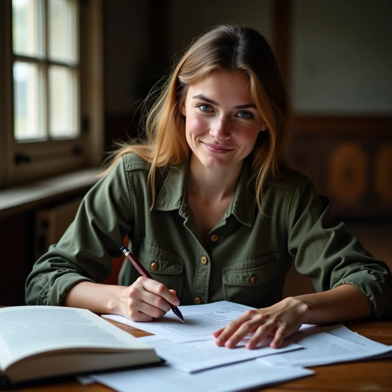 Mulher branca com sardas concentrada estudando para concurso do Exército