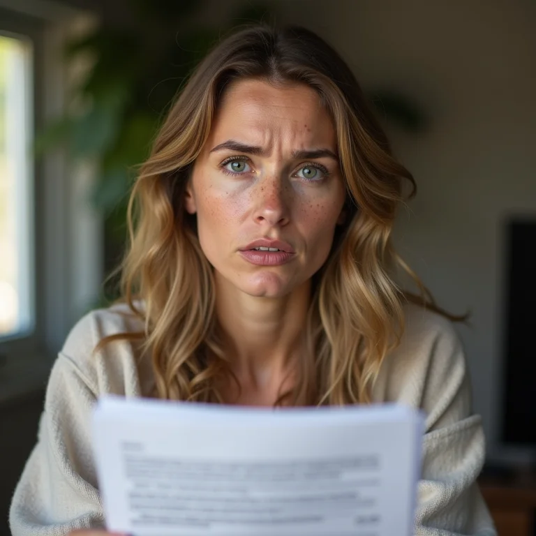 Mulher branca com sardas e cabelo ondulado preocupada com documentos legais.