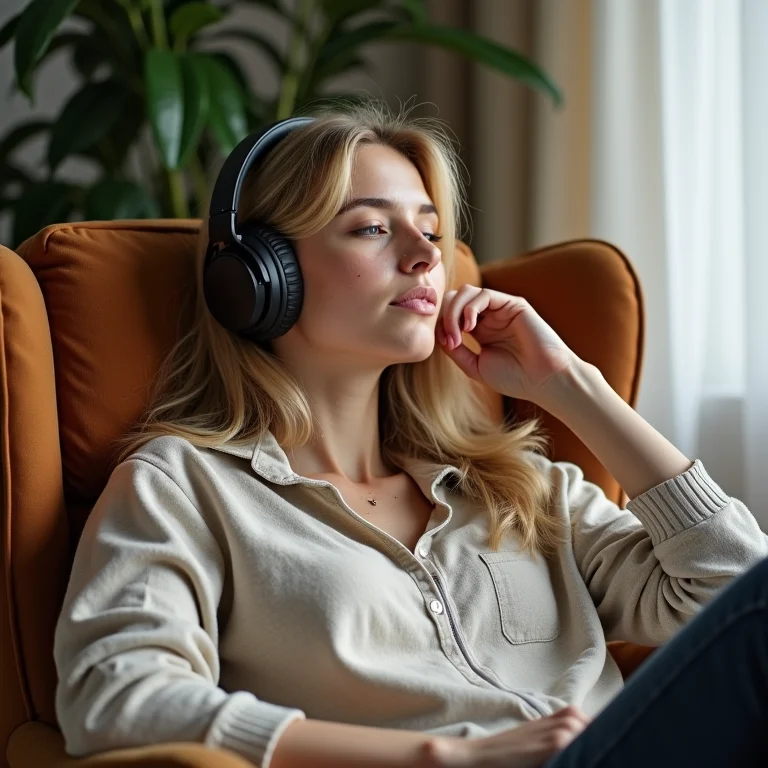 Mulher branca com sardas e cabelo ondulado relaxando em uma poltrona com fones de ouvido.