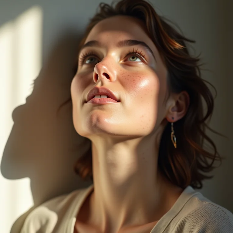 Mulher branca com sardas olhando para o céu com esperança.