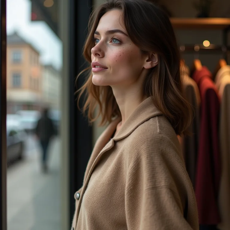 Mulher branca com sardas olhando vitrine em Antuérpia, Bélgica