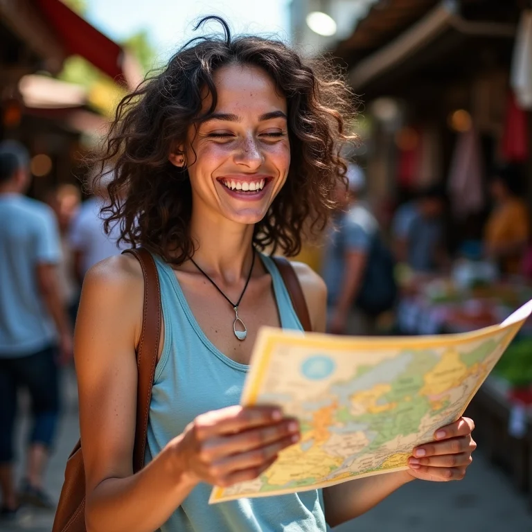 Mulher branca com sardas rindo e olhando mapa segurando dinheiro local em mercado vibrante