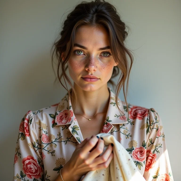 Mulher branca com sardas segurando tecidos estampados.