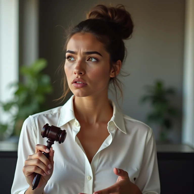 Mulher branca com sardas segurando um martelo de juiz com expressão preocupada.