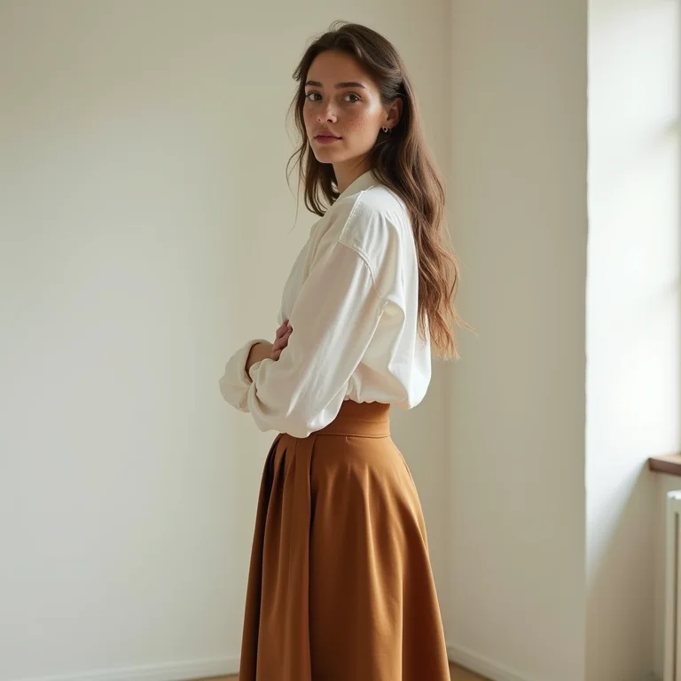 Mulher branca com sardas usando saia longa de cintura alta