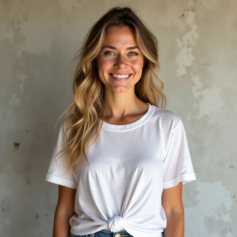 Mulher branca com sardas usando t-shirt com nó frontal