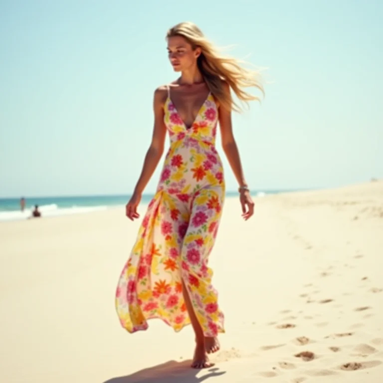 Mulher branca com sardas usando vestido longo floral na praia