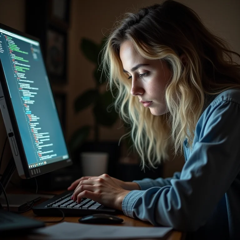 Mulher branca concentrada resolvendo problemas no computador.