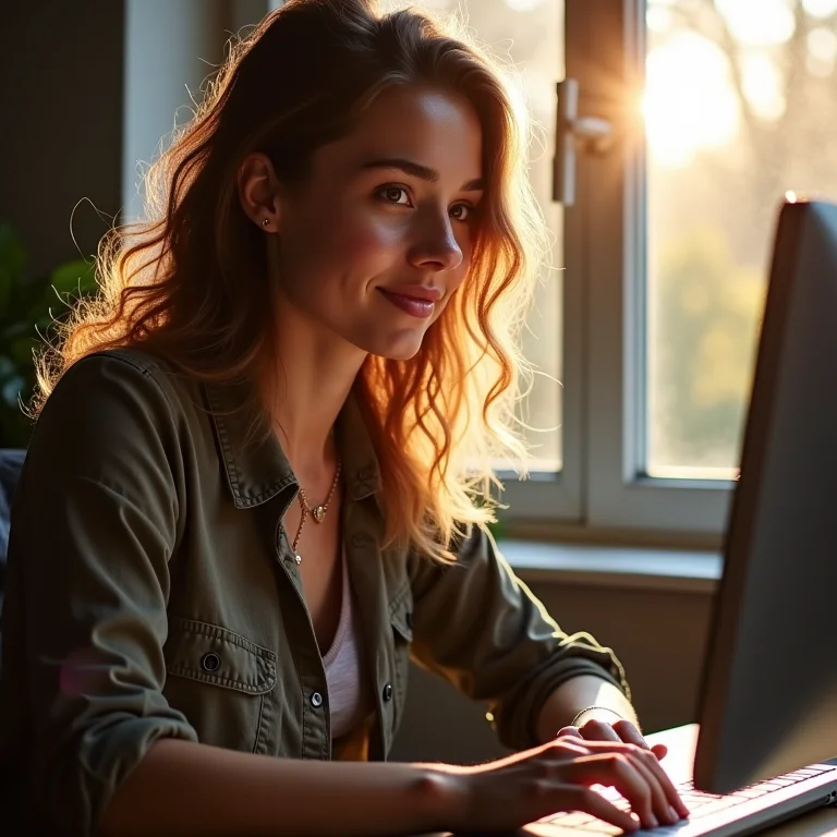 Mulher branca confiante enviando código para o GitHub.