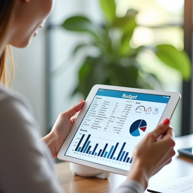 Mulher branca criando planilha de orçamento detalhada.