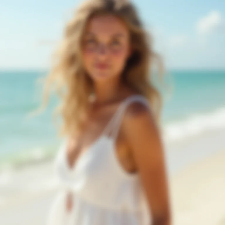 Mulher branca de vestido branco na praia.