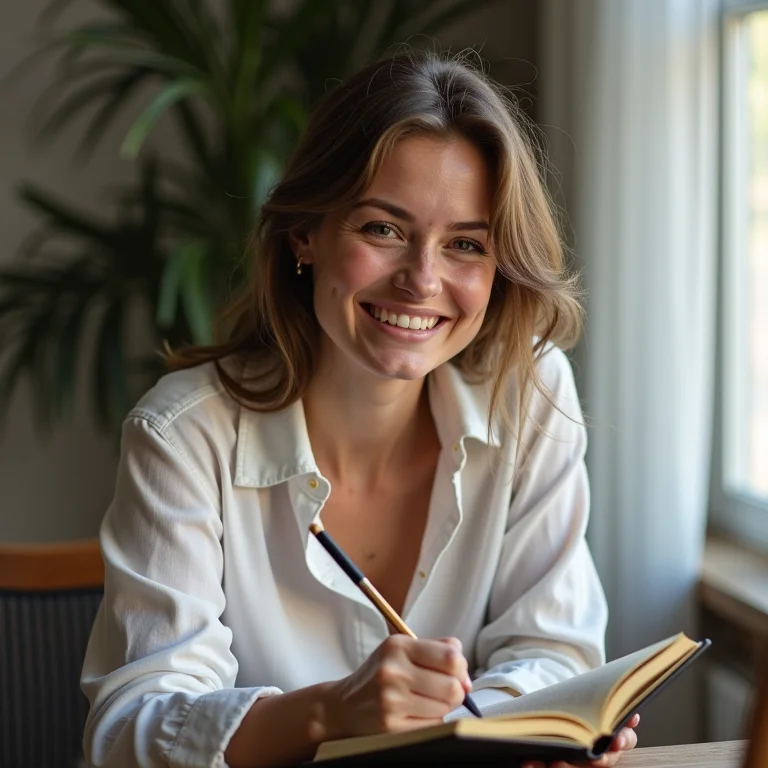 Mulher branca definindo metas realistas para o concurso dos Correios.