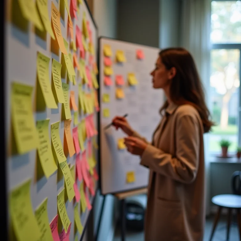 Mulher branca definindo objetivos de marketing digital.