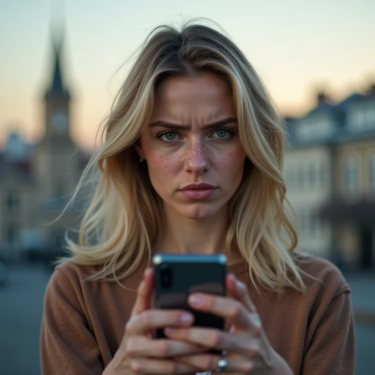 Mulher branca desconfiada olhando para o celular