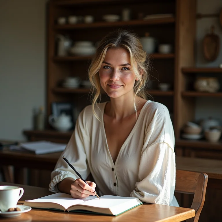 Mulher branca desenhando em uma casa de chá tradicional coreana.