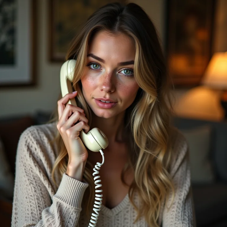 Mulher branca discando em um telefone fixo para fazer uma ligação a cobrar