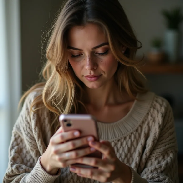 Mulher branca editando vídeo no celular