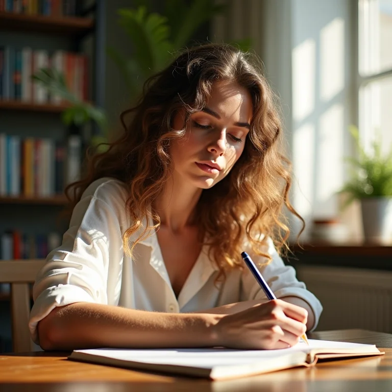 Mulher branca escrevendo em diário durante intercâmbio High School