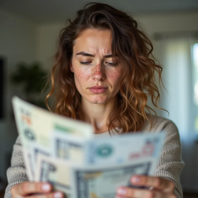 Mulher branca estressada equilibrando contas e cuidado com o filho, representando a diferença entre abandono material e afetivo