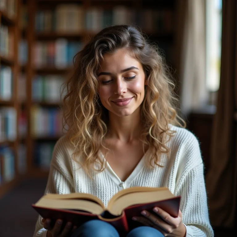 Mulher branca estudando biologia em biblioteca