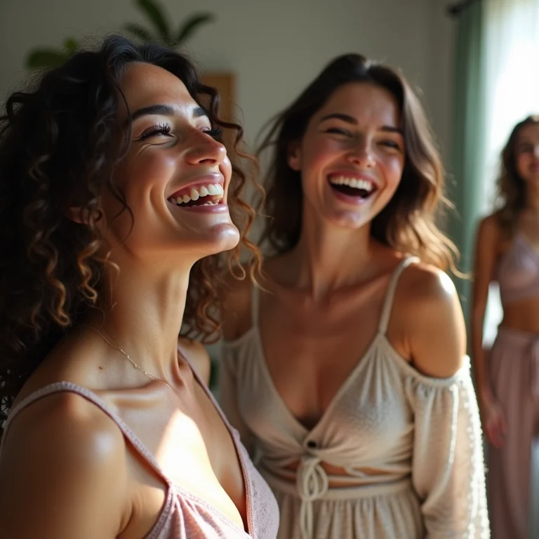 Mulher branca experimentando roupas e rindo com amigas