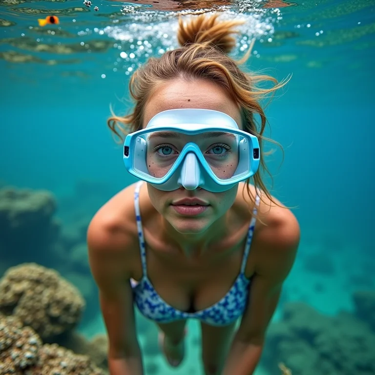 Mulher branca fazendo snorkeling em Los Roques, Venezuela