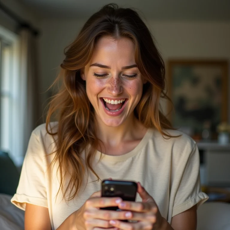 Mulher branca feliz recebendo dividendos no celular