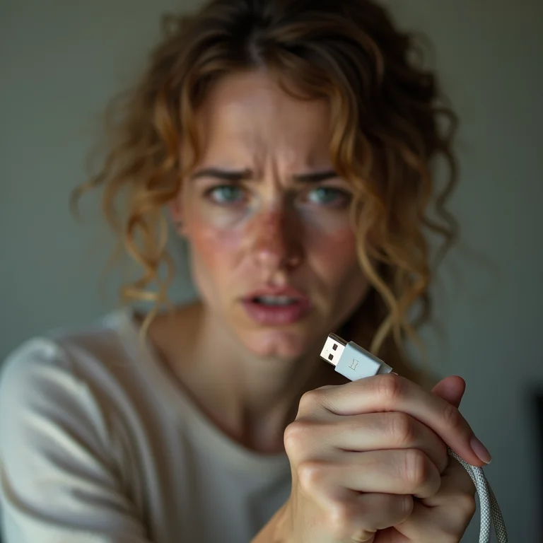 Mulher branca frustrada segurando cabo de dados danificado