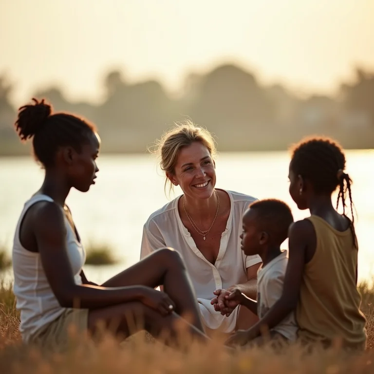 Mulher branca interagindo com família local às margens do Nilo