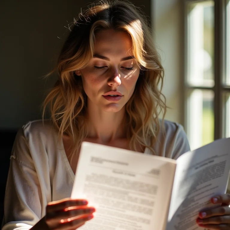 Mulher branca lendo documentos legais. Leis e regulamentos alfandegários.