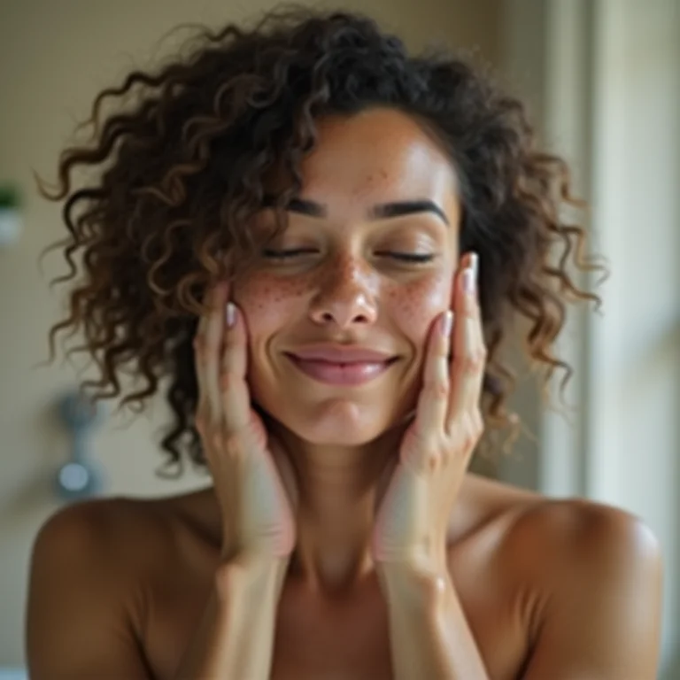 Mulher branca massageando o rosto em um banheiro com vapor