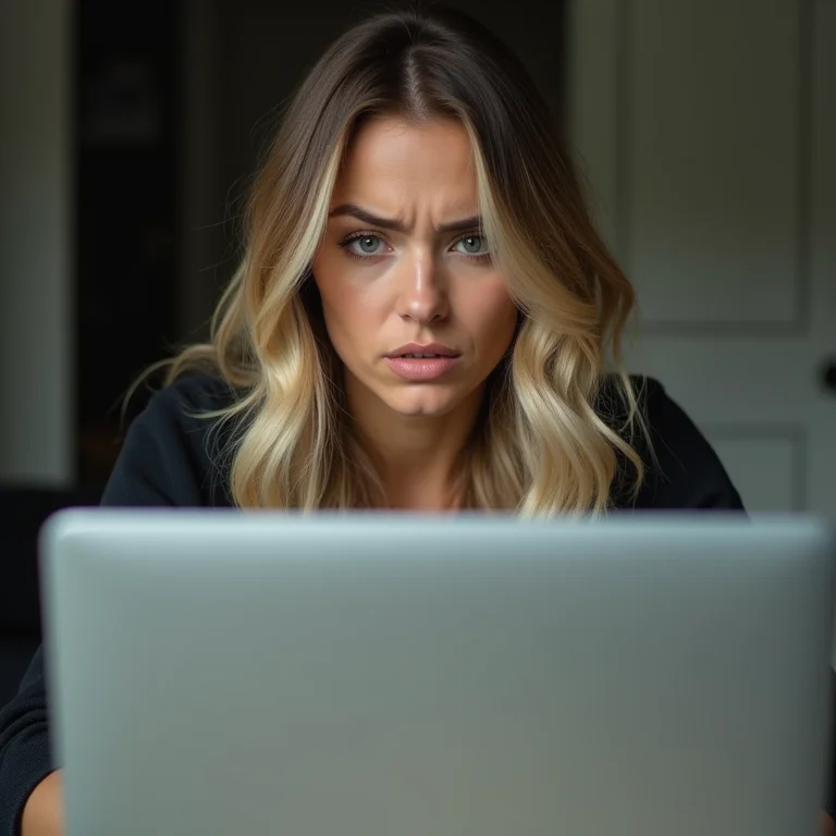 Mulher branca navegando na internet com expressão de preocupação.