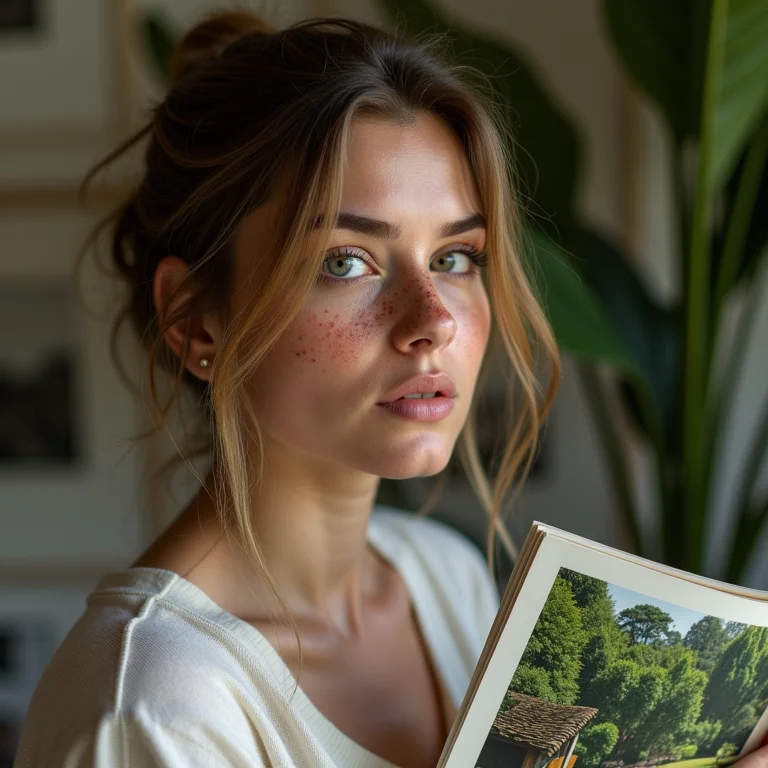 Mulher branca observando fotos antigas do Jardim Botânico de Curitiba