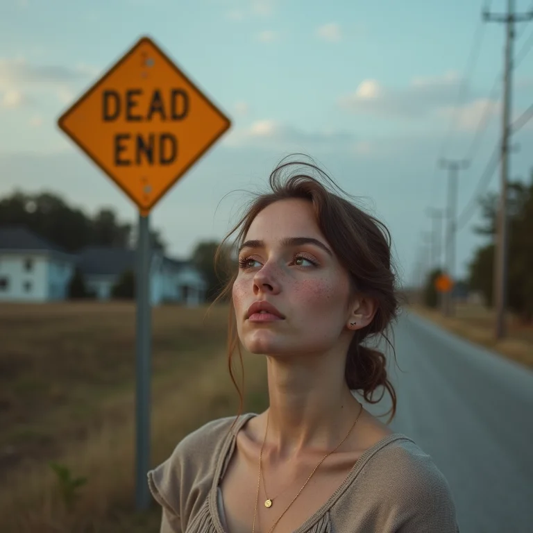 Mulher branca observando placa de rua sem saída