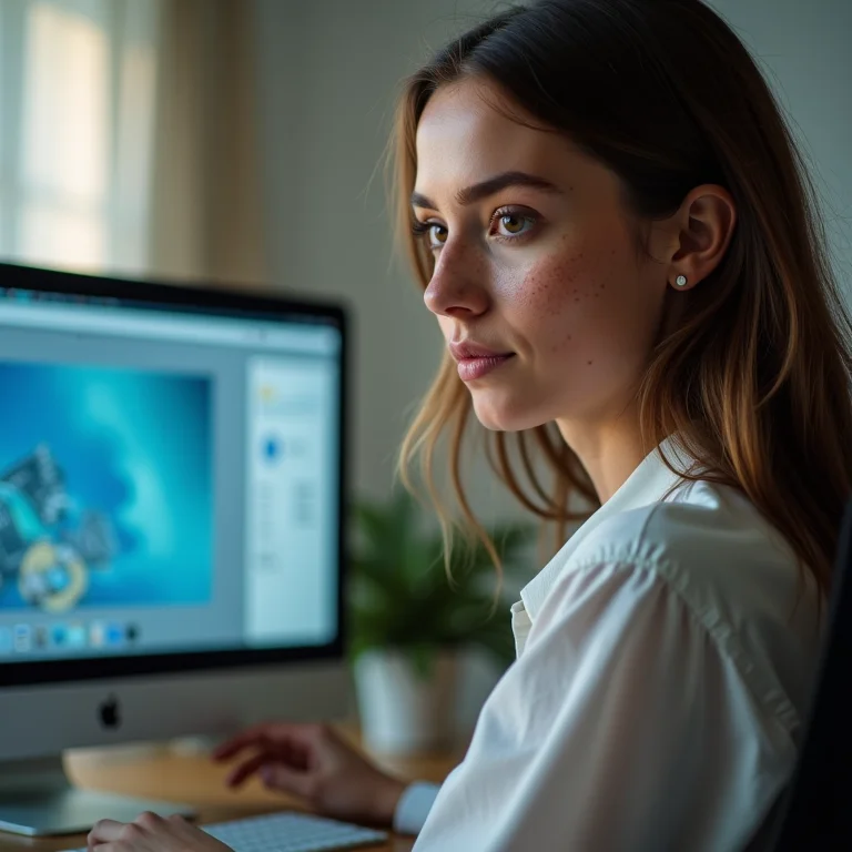 Mulher branca olhando informações de gateway em computador