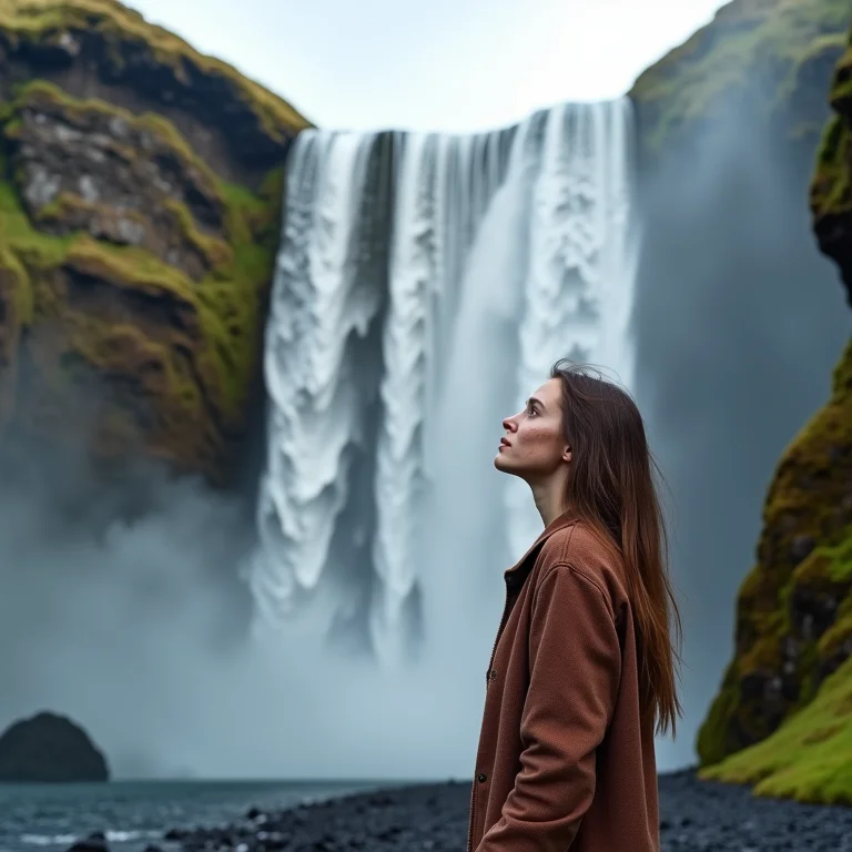 Mulher branca olhando para cachoeira gigante