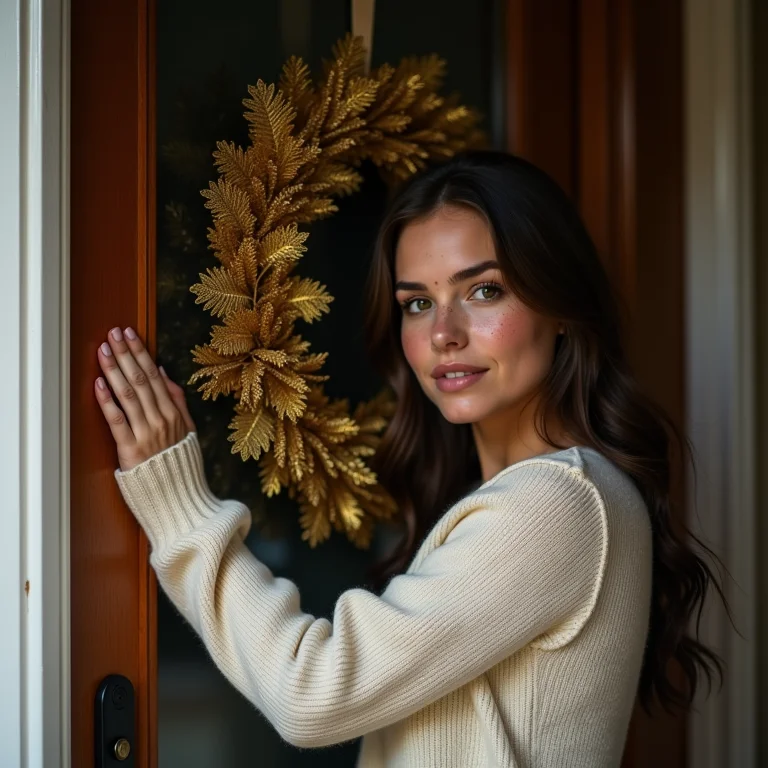 Mulher branca pendurando guirlanda de Natal dourada na porta