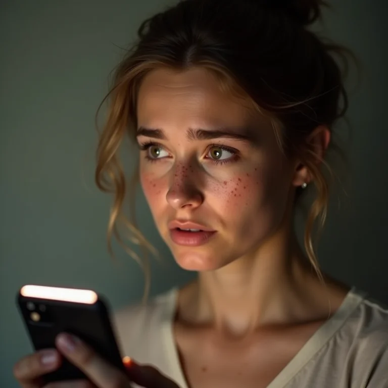 Mulher branca preocupada segurando o celular