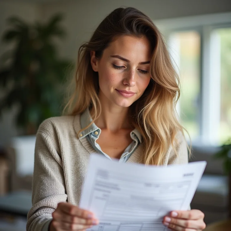 Mulher branca revisando documentos fiscais em casa.