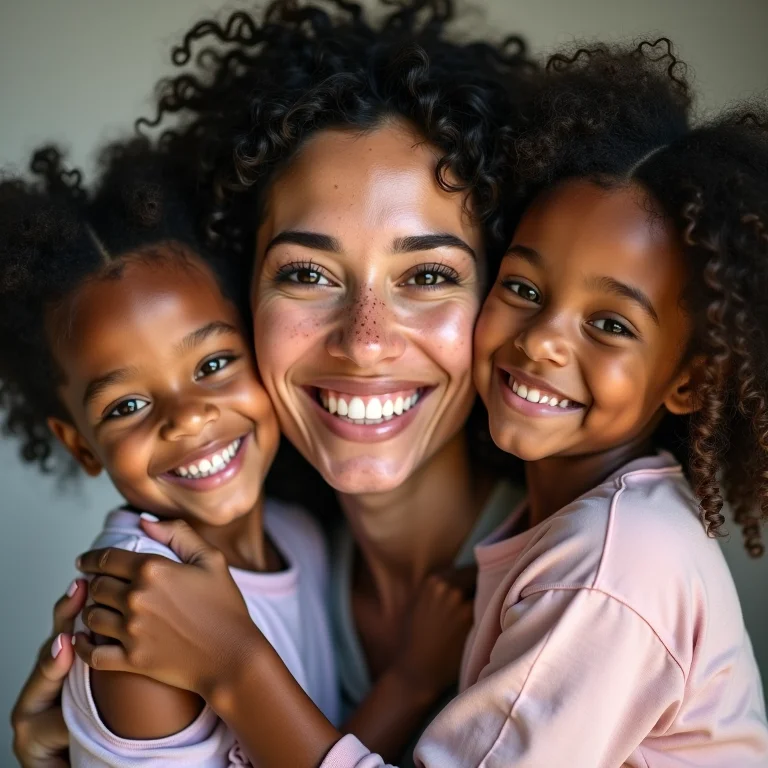 Mulher branca sorrindo ao abraçar duas crianças representando socioafetividade na multiparentalidade