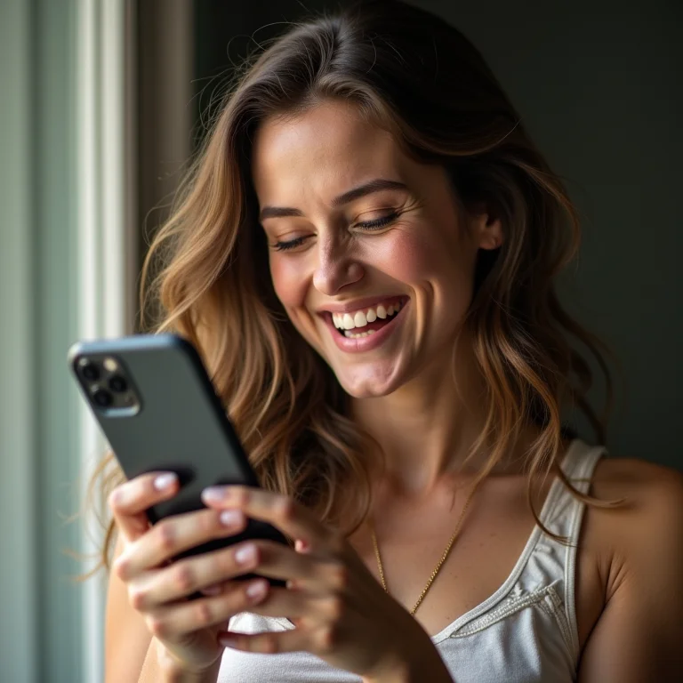 Mulher branca sorrindo ao ler sobre LCA no celular