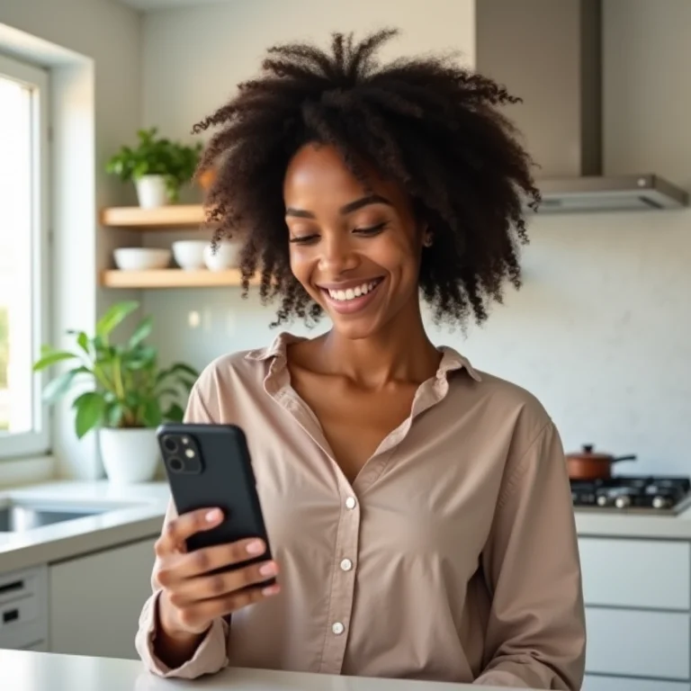 Mulher branca sorrindo durante uma chamada de vídeo em um smartphone.