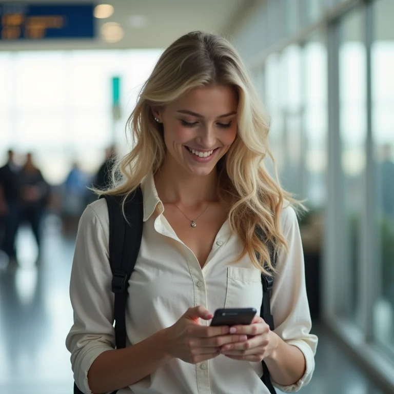 Mulher branca sorrindo e conferindo celular no aeroporto