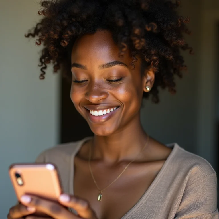 Mulher branca sorrindo em vídeo chamada pelo celular