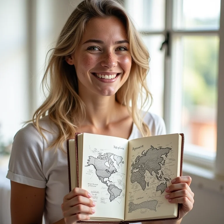 Mulher branca sorrindo enquanto mostra um sketchbook com desenhos de viagem