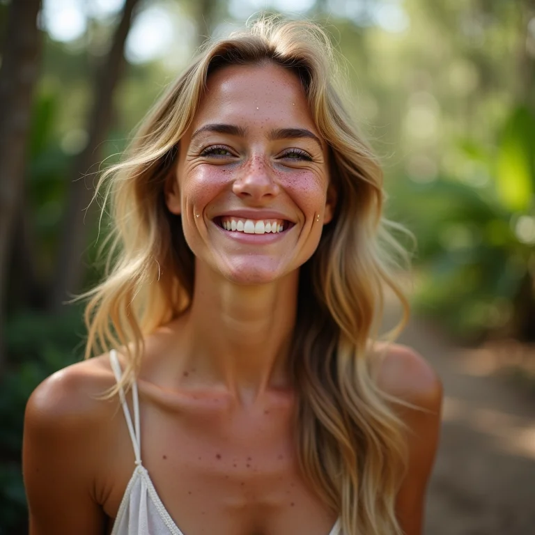 Mulher branca sorrindo enquanto passa protetor solar antes de trilha no Pantanal